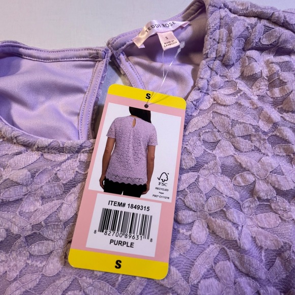 TEDDI ROSE Purple Lace Overlay Short Sleeve Tunic Top Blouse Size S - Picture 2 of 7